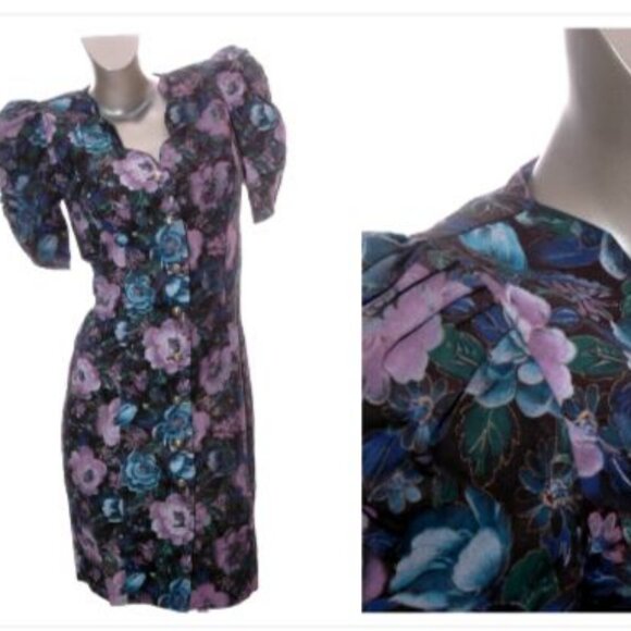 Vintage 80s Midi Dress Cottage Core Puff Sleeves Scallop Black Pastel Floral 7/8 - Picture 2 of 10